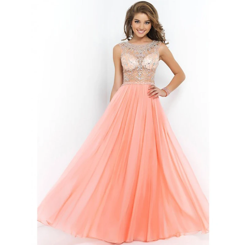 2016 New Style Chiffon Beading Transparent Back A-Line Elegant Ivory Pink Long Evening Dresses Vestido De Festa Party | Свадьбы и