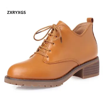 

2019 Newest Fashion Spring Lace-up Soft Genuine Leather Shoes Woman Single Square Heel Non-slip High Heels 45 Mm Plus Size 35-43