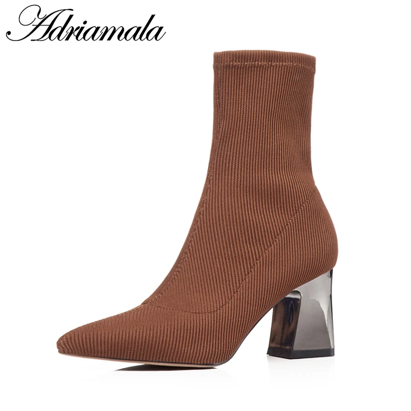 

2018 Knitting Ladies High Heel Boots Ankle Slip-on Basic Pointed Toe Square Heel Ankle Boots For Ladies New Fashion Adriamala