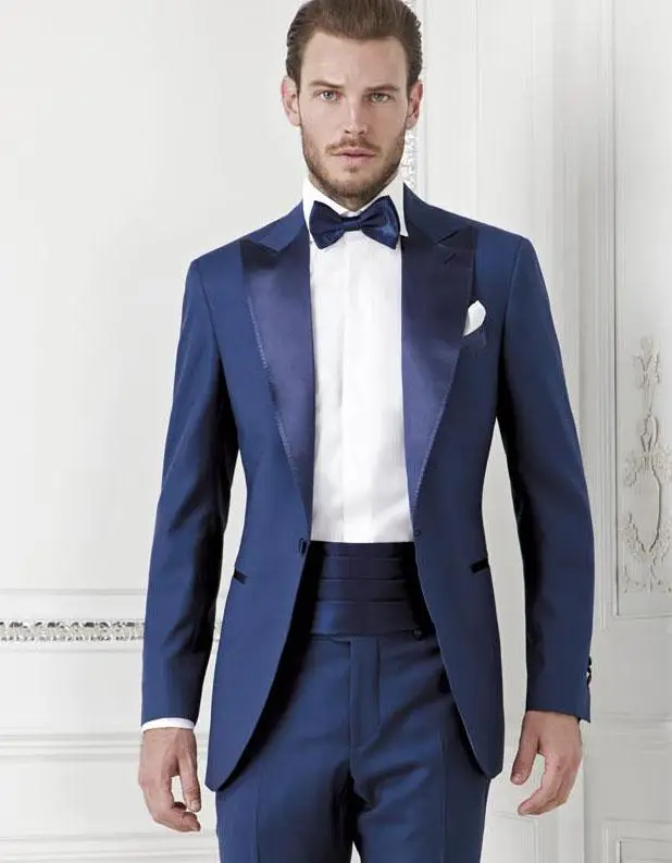 

New Fashion Style One Button Blue Groom Tuxedos Groomsmen Men's Wedding Prom Suits Bridegroom (Jacket+Pants+Girdle+Tie) K:1046