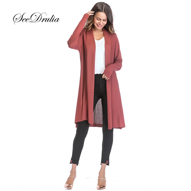 

Seedrulia High Quality Casual Pure Color Thin Section Hollow Turn-down Collar Long Sweater Drape Cardigan Coat Open Stitch