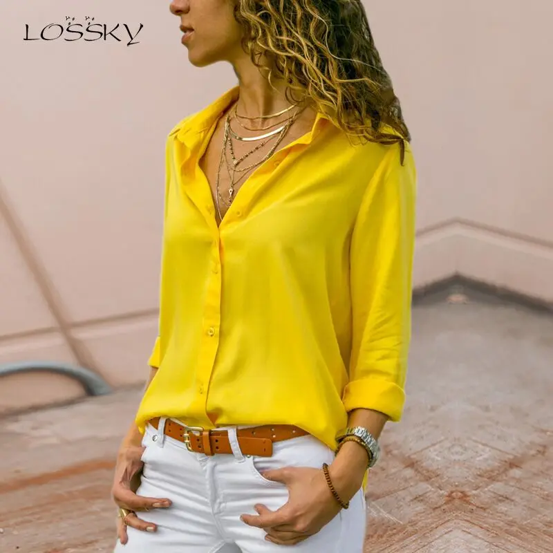 

LOSSKY Women Tops Blouse Spring Autumn Ladies Tops Long Sleeve White V-Neck Chiffon Blouse New 2019 Office Shirts Plus Size XXXL