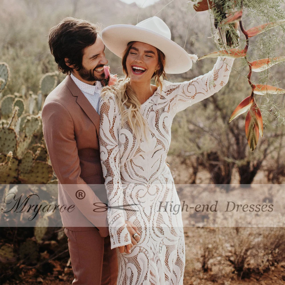 Mryarce Unique Bride Bohemian Wedding Dress Full lace Open Back Long Sleeves Boho Chic Modern Bridal Gowns