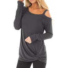 T-Shirt à manches longues pour femme, vêtement Sexy et résistant, asymétrique, épaule dénudée, avec nœud papillon, collection automne 2019