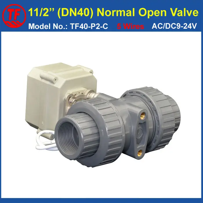 

TF40-P2-C, AC/DC9-24V 5 Wires BSP/NPT 11/2'' PVC 2 Way DN40 Normal Open Valve With Signal Feedback 10NM On/Off 15 Sec Metal Gear