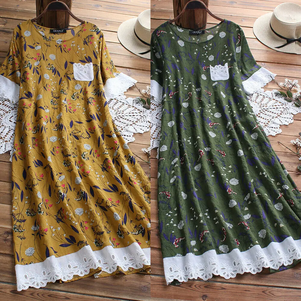 

Newest Women Cotton Linen Floral Dress Lace Short Sleeve Casual Boho Kaftan Tunic Gypsy Ethnic Summer Dresses Plus Size M-5XL