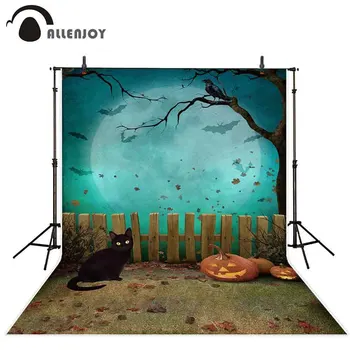 

Allenjoy background for photos Halloween pumpkin autumn moon cat fence tree bat grass photographic backdrop photocall photobooth