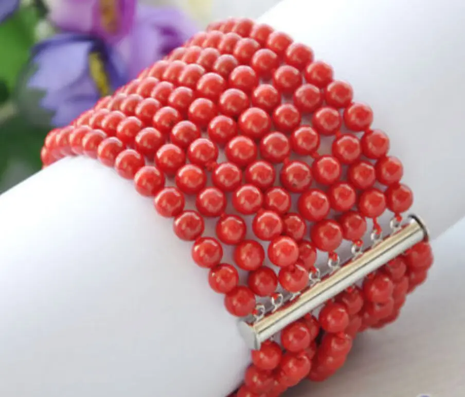 

Free Shipping >>Real 8row 7.5" 6MM round red coral bead bracelet magnet AAA
