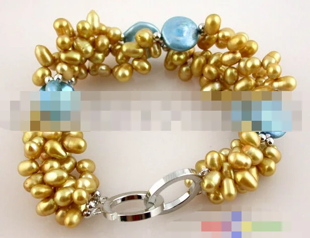 

FREE SHIPPING>>>@@ > 01318 2ROW 8" CHAMPAGNE BLUE COIN FRESHWATER PEARL BRACELET