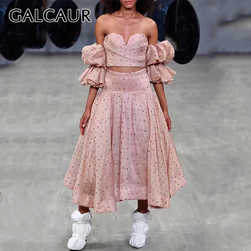 

GALCAUR Sexy Polka Dot Two Piece Set For Women Puff Sleeve Crop Top High Waist Midi Skirt Female 2019 Fashion Summer New