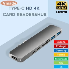 USB 3.1 Type-C Hub To HDMI Adapter 4K Thunderbolt 2 USB C Hub with Hub 3.0 TF SD Reader Slot PD Charger for MacBook Pro/Air 2018