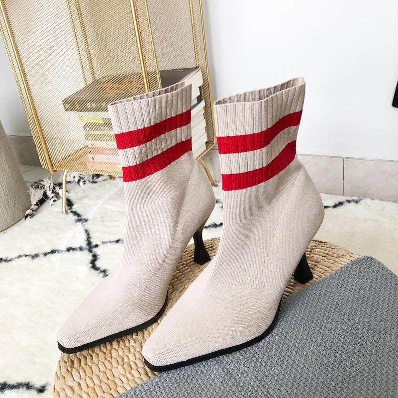 

2018 autumn new pointed stiletto Martin boots high heel net red fashion wild female elastic boots beige 0110
