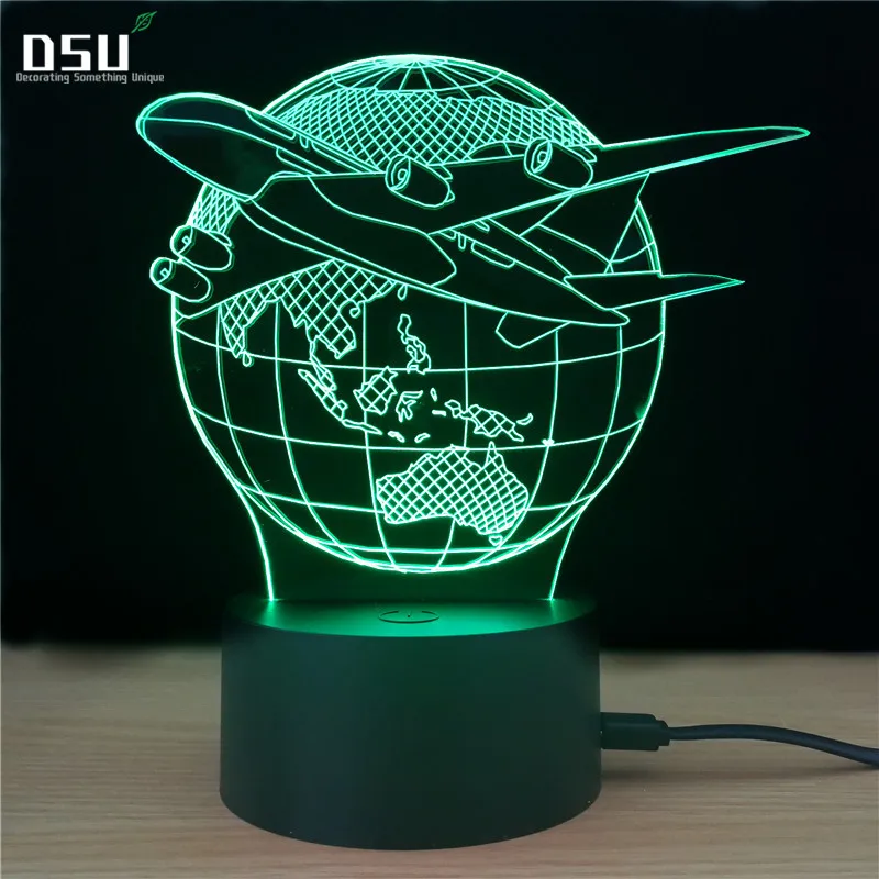 

Fly the World Earth Globe Airplane 3D LED Lamp Art Sculpture Lights in Colors Optical Illusion Lamp with Touch Button
