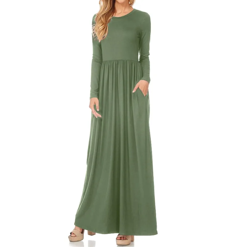 O neck Plus Size 3XL Large Pendulum Solid Color Long Sleeves Ankle length Dresses For Women