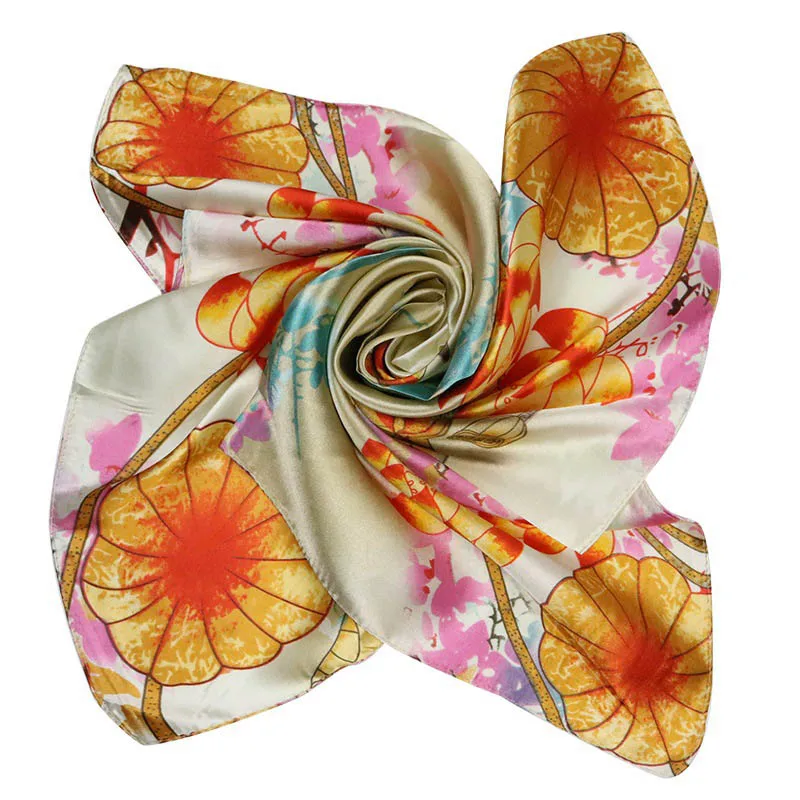 

Feminine Hijab Spring Summer Fashion 2018 for Women New Tide Small Silk Scarf Square Lotus printing Head Scarf Scarves fo Ladies