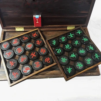 

1 Set High Top Quality Ebony Wood Made Chinese Chess Traditional 32 Chessman Entertainment XiangQi Game Rosewood board Carving