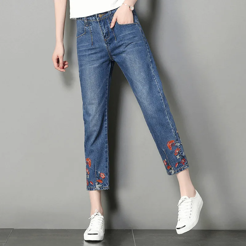 

Flower Embroidery Jeans For Women Summer High Waist Jeans Woman Straight Pants Plus Size Capris Denim Blue Trousers Women C3957
