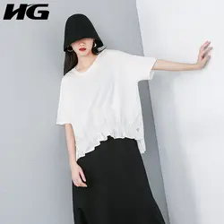 HG нерегулярные плиссированные сращивания черная футболка индивидуальный уличный пуловер Половина рукава Женская одежда 2019 новый матч все