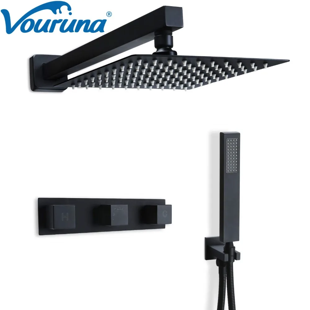 Black Shower System 8 Inch Bathroom Rain Mixer Shower Combo Set Wall Mounted Rainfall Shower Fixture 1