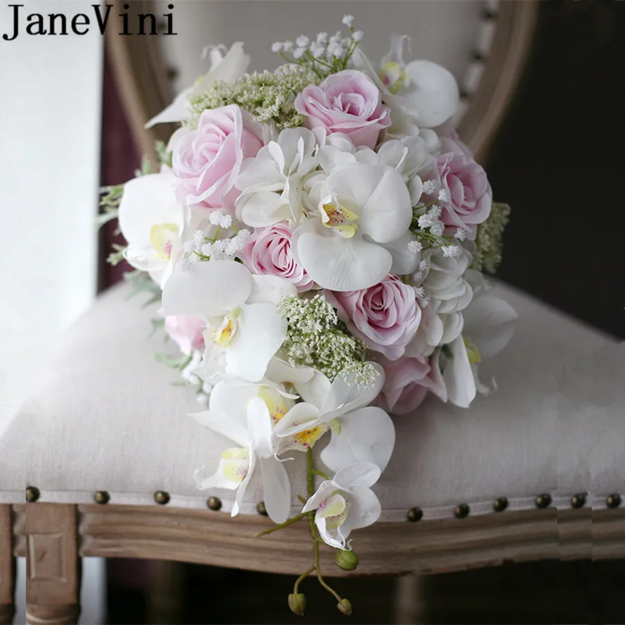 

JaneVini White Pink Cascade Bridal Bouquet Artificial Rose Moth Orchid Bride Flowers Wedding Bouquets Fleur Mariage Bouquet New