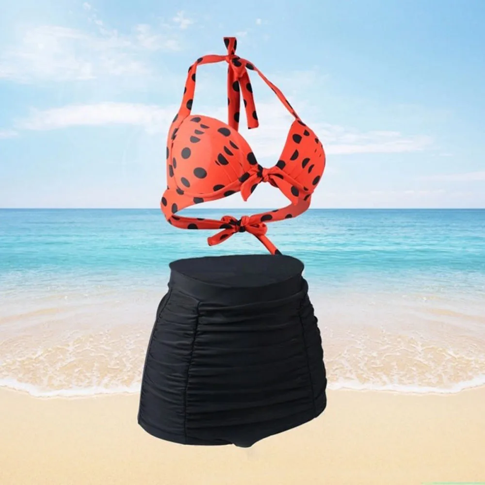 2016 Women strappy solid ruched high waist sexy bikini set black dot vintage swimwear plus size swimsuit accordion beach wear plus-size-black-swimsuit : image 2016 Women strappy solid ruched high waist sexy bikini set black dot vintage swimwear plus size swimsuit accordion beach wear plus-size-black-swimsuit