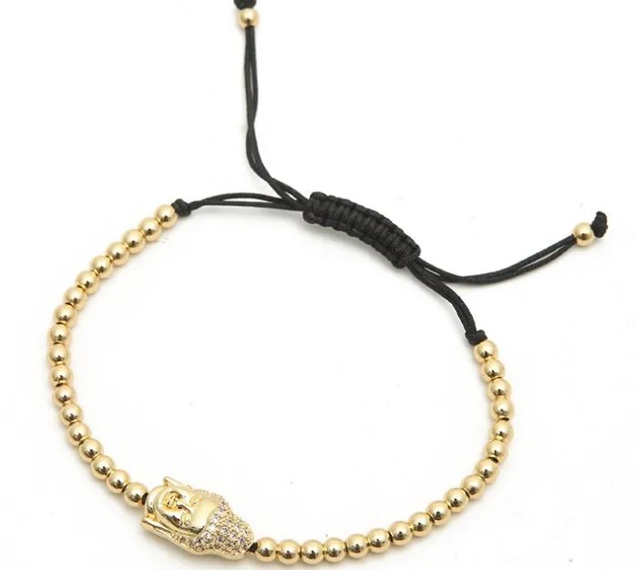 gold silver micro pave cz Cubic Zirconia rope adjusted Copper Beads Bracelet uk534 Buddha head Charm Braided Bangles | Украшения и