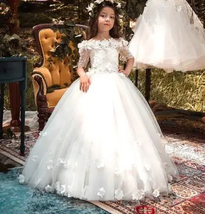 New White Off the Shoulder Flower Girls Dresses for Wedding Half Sleeves Lace Applique Girls Communion Gown Size 2-16Y New White Off the Shoulder Flower Girls Dresses for Wedding Half Sleeves Lace Applique Girls Communion Gown Size 2-16Y