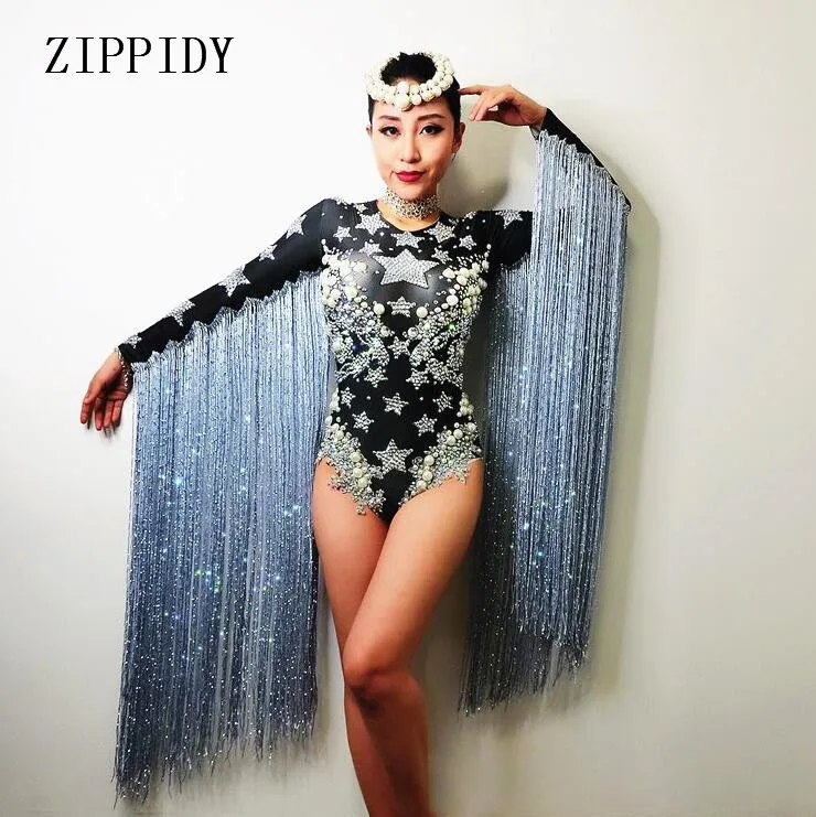 

Bright Crystals Pearl Gray Long Tassel Black Bodysuit Stars Pattern Costume Nightclub Party Female Singer Show Celebrate Leotard