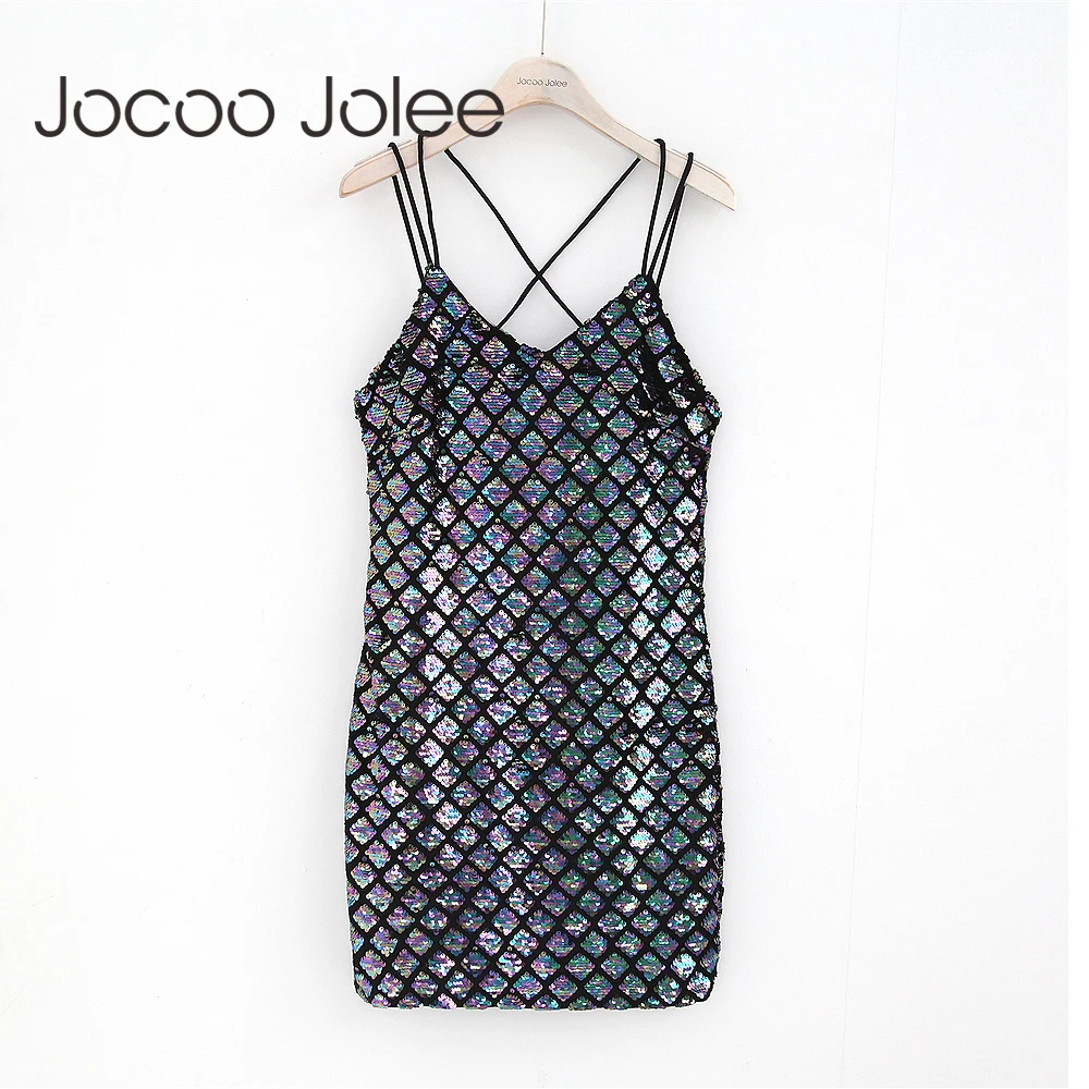 

Jocoo Jolee Sexy Sequins Women Club Dressing V-Neck Lace up Evening Party Dress High Waist Back Hollow out Women Clothing 2018