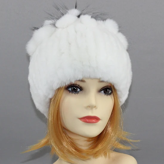 Winter Women Rex Rabbit Fur Hat With Silver Fox Fur Flowers Top Knitted Beanies Fashion Women Natural Real Fur Warm Cap - Color: Color5