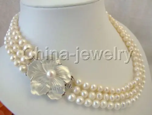 

Beautiful AAA 17-19" 3row 9mm white round freshwater pearl necklace-shell clasp AAA