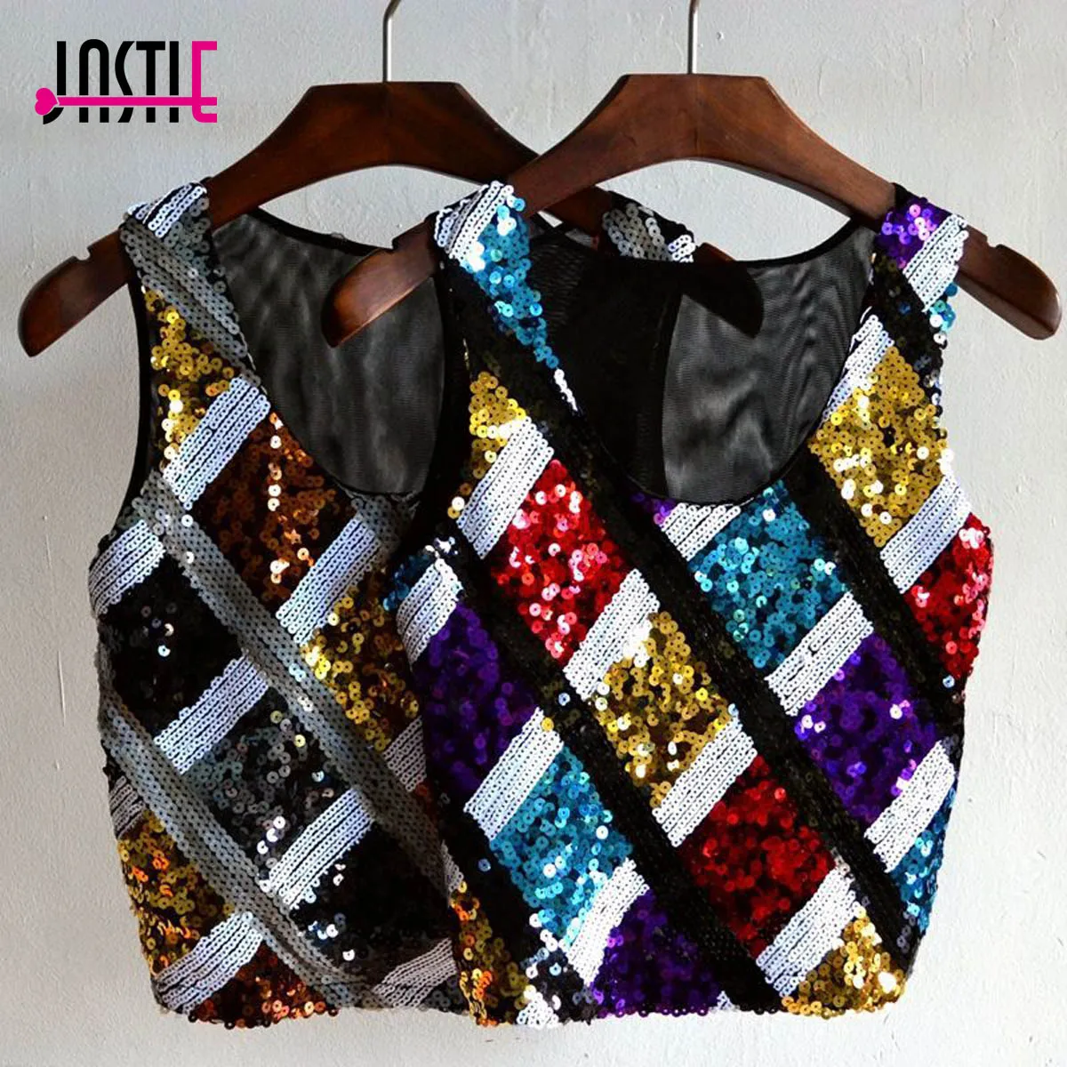 

Jastie Geometric Pattern Vest Mulit Sequins Tank Top Mesh Back O-Neck Sleeveless Women Crop Top Blusa Sequins T-Shirt Short Tops