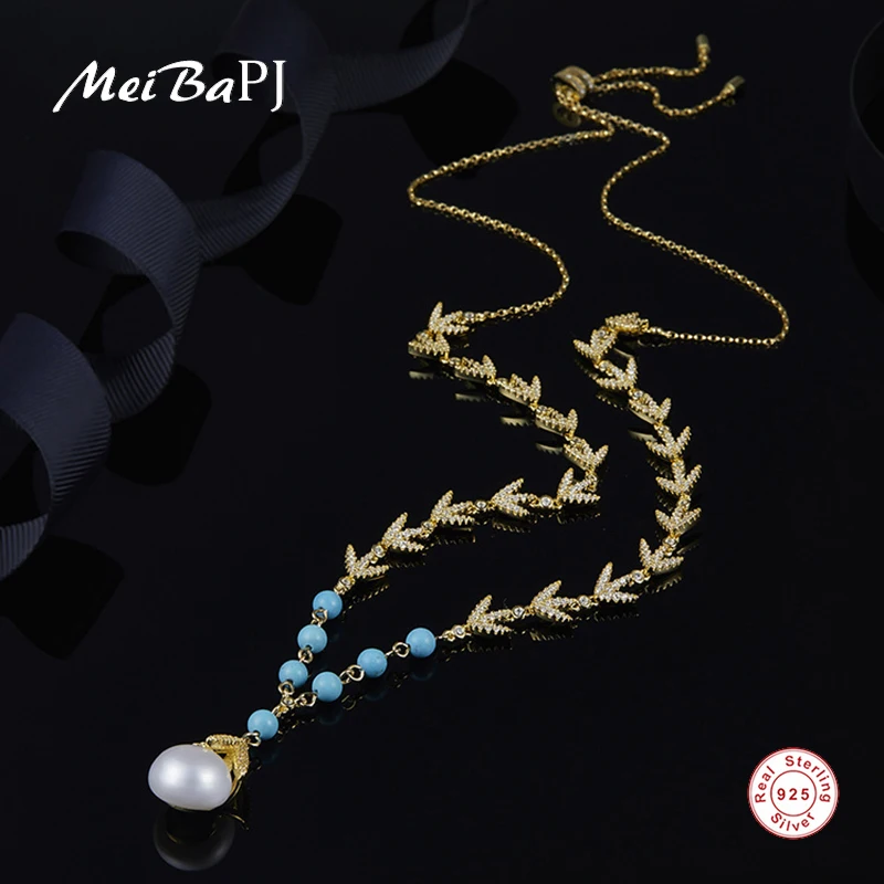 

[MeiBaPJ] Real 925 Sterling Silver Fashion Necklace for Women Natural Freshwater Pearl Green Stone Pendant Fine Wedding Jewelry