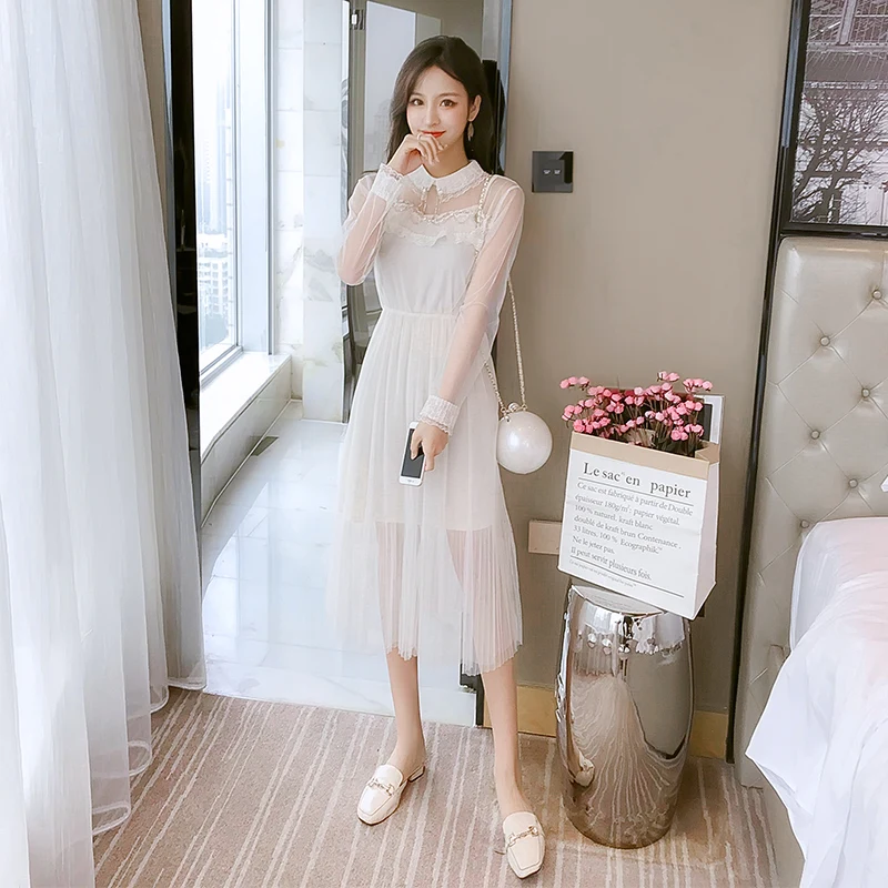 

Sweet Fashion Dress Female 2019 Spring Trend New Style Korean Slim Splice Lace Strap Long Mesh Dress