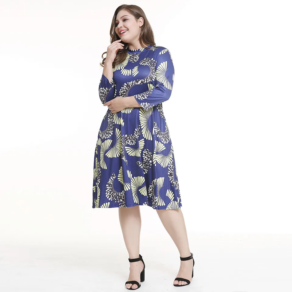 Women O Neck Casual Dress Plus Size 5XL Print Flower Vestidos Mid calf