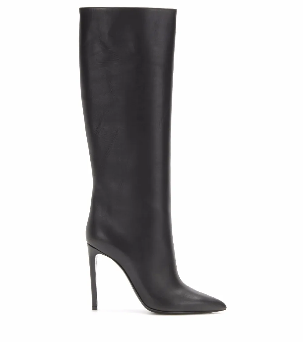 black knee high boots slip on high heel Pointed toe (1)