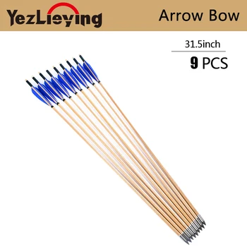 

Archery Arrows Wood 9PC Handmade wooden Arrows 31.5Inch for Bow Blue Turkish Feather Crossbow Hunting Archery