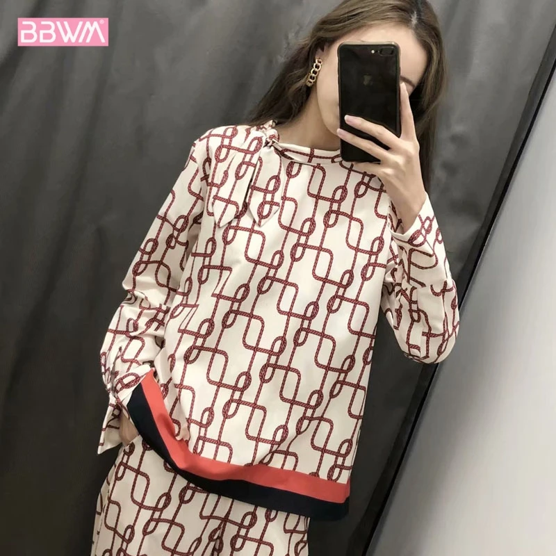 

Bow-tie printed long-sleeved blouse 2019 summer elegant women's shirt top