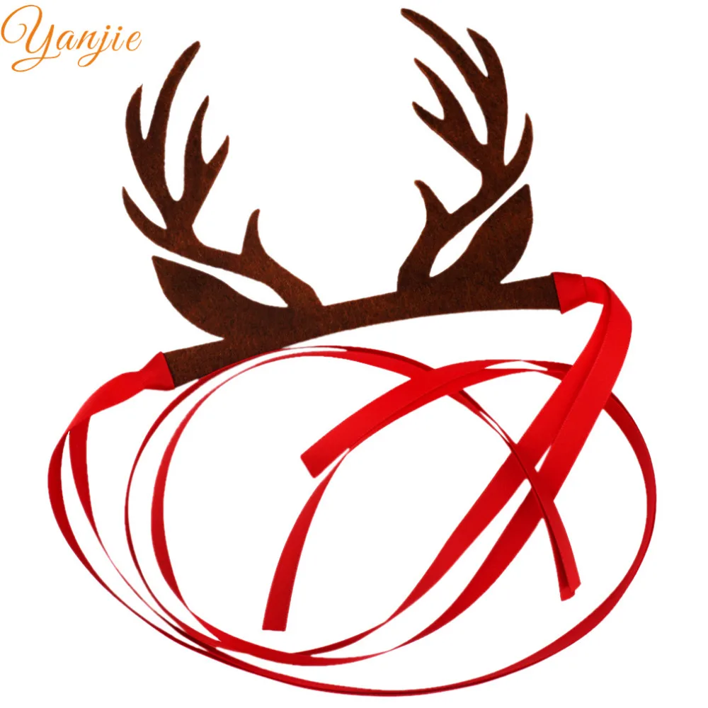 Girls 2021 Christmas Felt Deer Antlers Headband Solid Grosgrain Ribbon