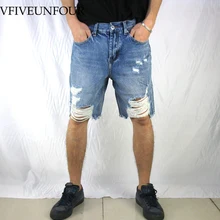 VFIVEUNFOUR Summer Ripped Destroyed Distressed Denim Shorts 2019 Mens Hole Denim Shorts Blue Male Hip Hop Fashion Casual Jeans blue random ripped details denim shorts