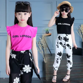 

2016 Girls Summer Suit Letter Stamp Sleeve Chiffon Embroidery Flying Suit for Children Korean Girls Clothing Set