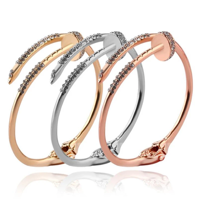 

Punk Rock Style Gold-Color Silver Color Rose Gold Color Titanium Nail Bangle With Rhinestone Bracelet For Women Accessories