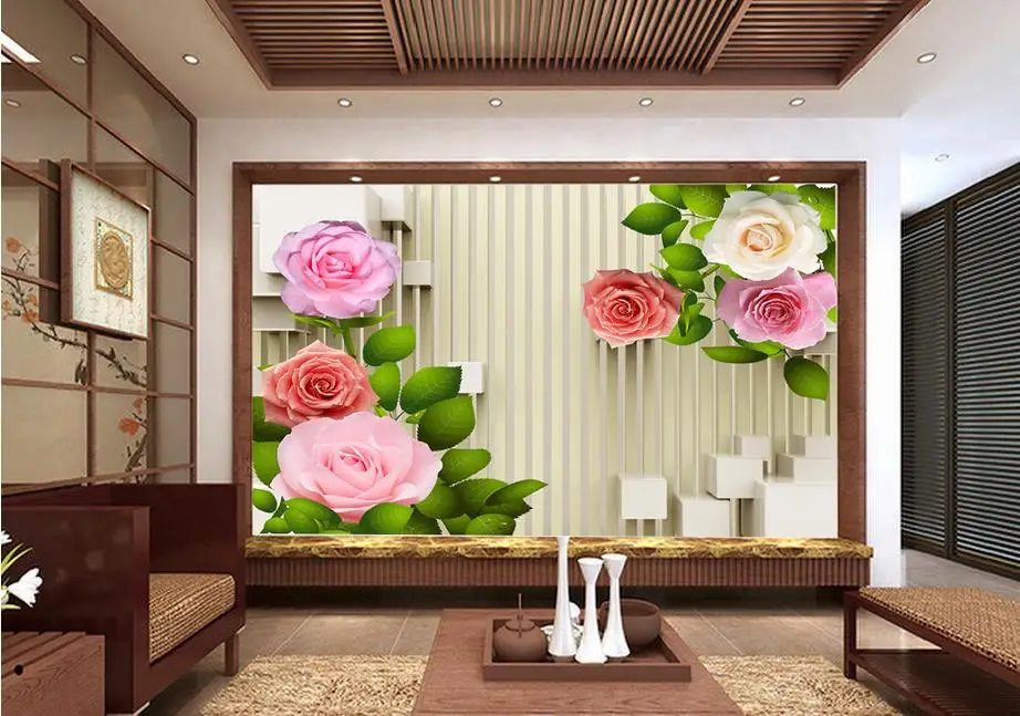 

customize 3d wall papers home decor living room Rose green leaves bamboo wallpaper papel de parede do desktop 3d wall panel