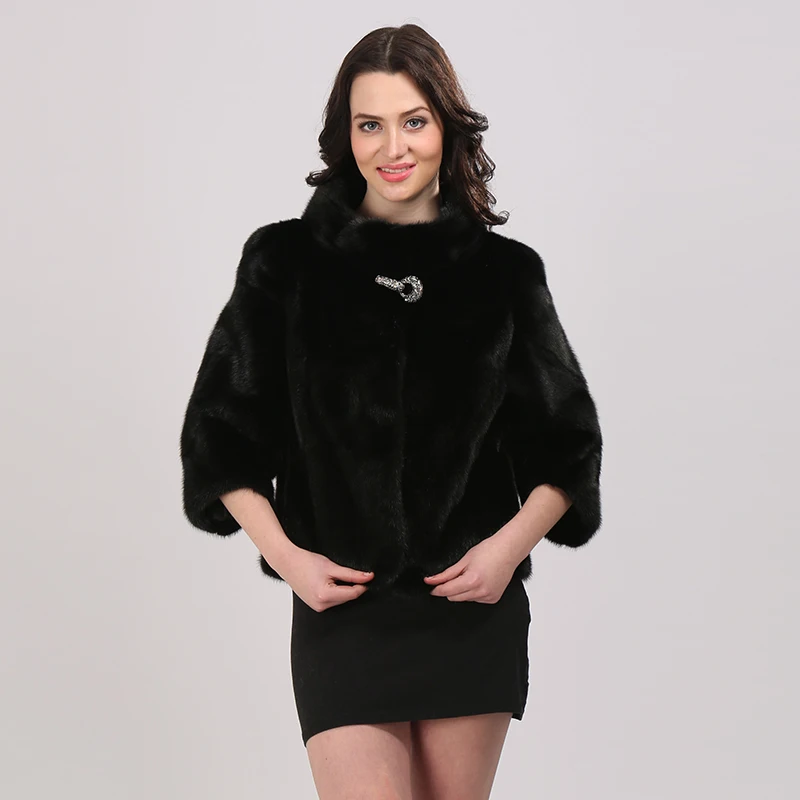 Fine Fur Jacket Woman Short Mink Fur Black Bibs Coats Three Quarter