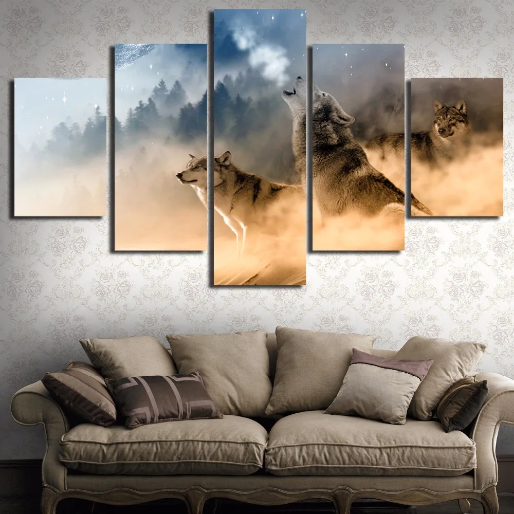 Modern Canvas Pictures HD Printed Wall Art Frame 5 Pieces Forest Animal Wolves Howling Mountain Landscape Living Room Home Decor | Дом и сад