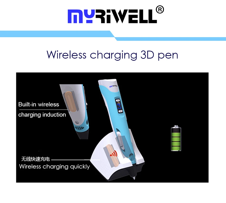 Myriwell, новинка, 3D Ручка для печати, 3,7 в, 1500 мА/ч, Беспроводная зарядка, для детей, 3D Ручка для рисования с бесплатными 30 м PCL нитями