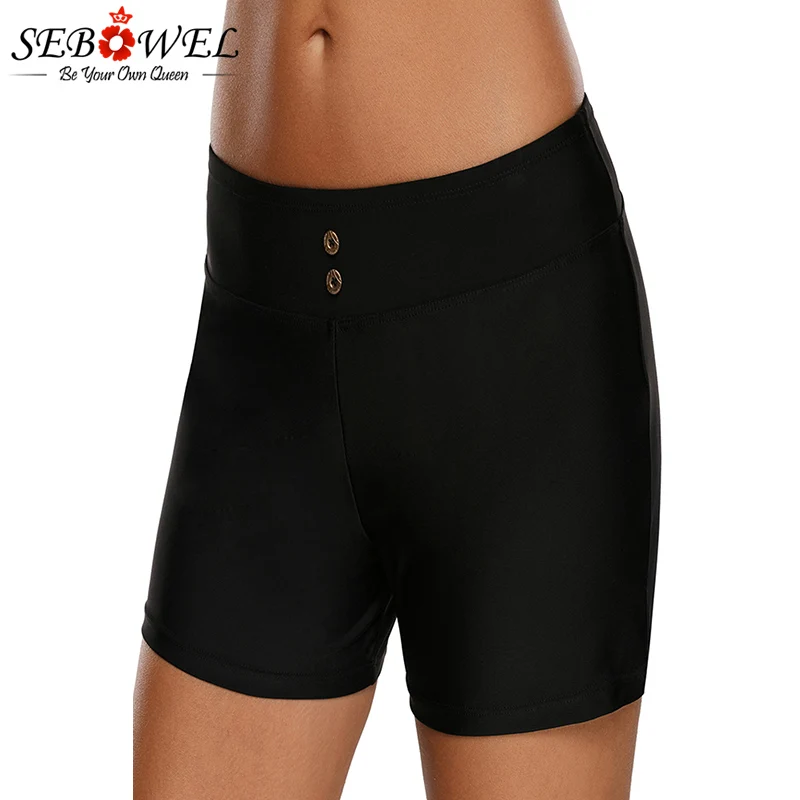 

SEBOWEL 2019 Women Plus Size Black Button Detail Swim Boardshort Biquinis Feminino Mayo High Waist Push Up Hip Bikini Bottom