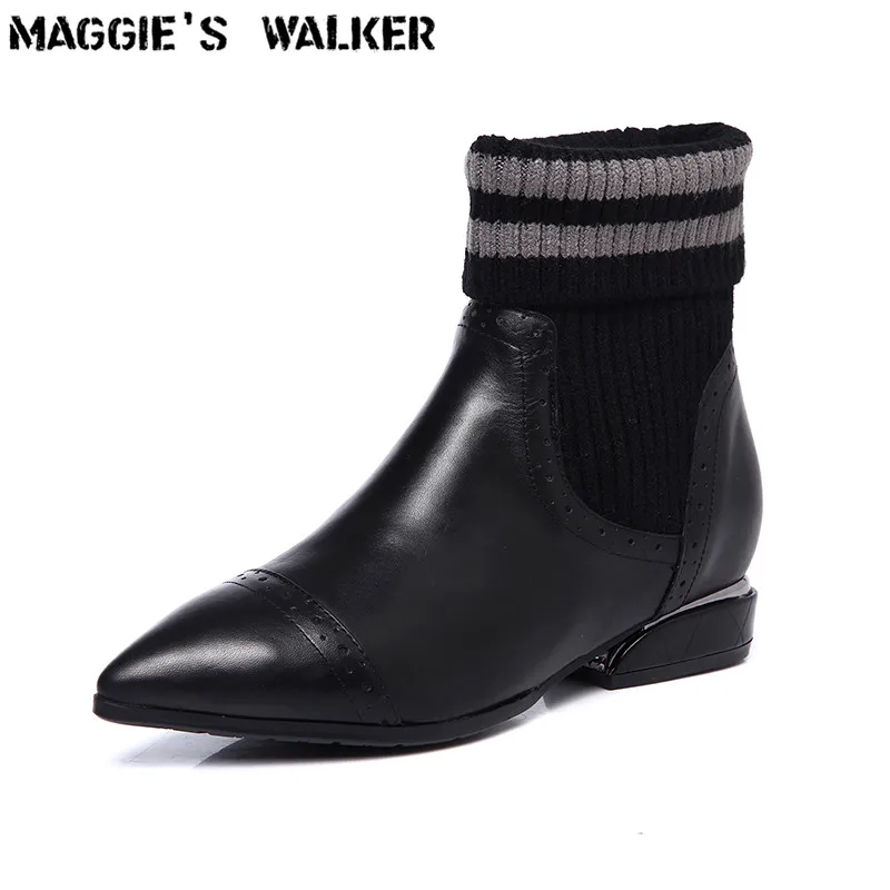 

Maggie's Walker Women's Fashion Pointed-toe Genuine Leather Casual Shoes Slip-on Knitted Cloth Leather Autumn Boots Size 35~40