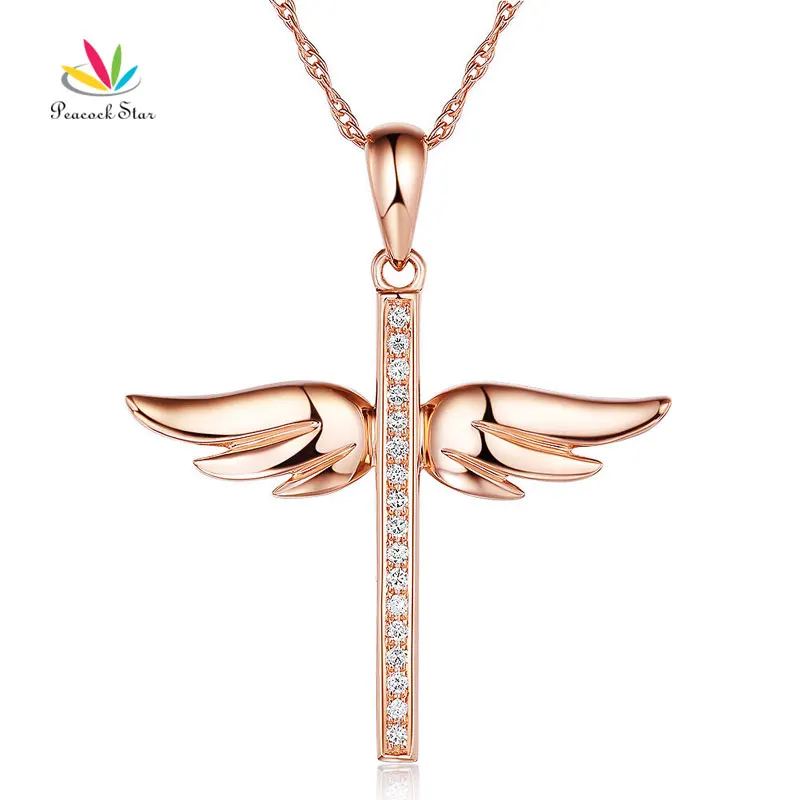 

Peacock Star 14K Rose Gold Angel Wing Cross Pendant Necklace 0.08 Ct Diamonds