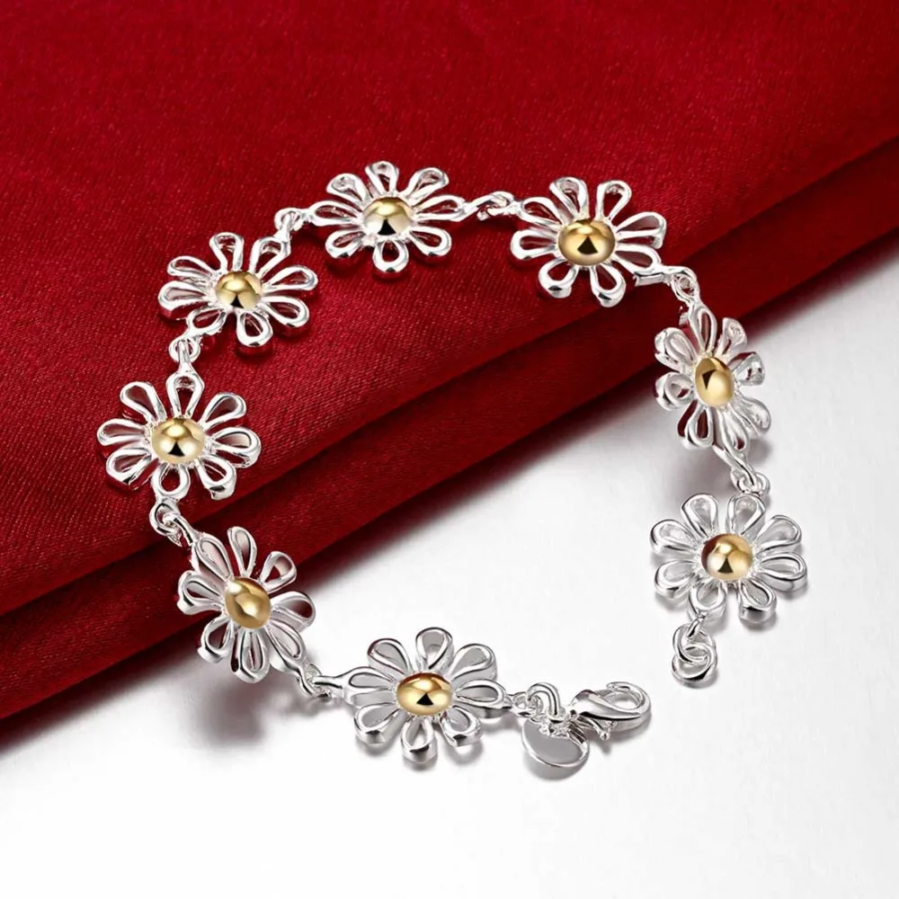 

Luxury Silver Daisy Charm Bracelet Silver Fashion Chain Bracelet Flower Women Xmas Wedding Gift Wholesale Jewelry